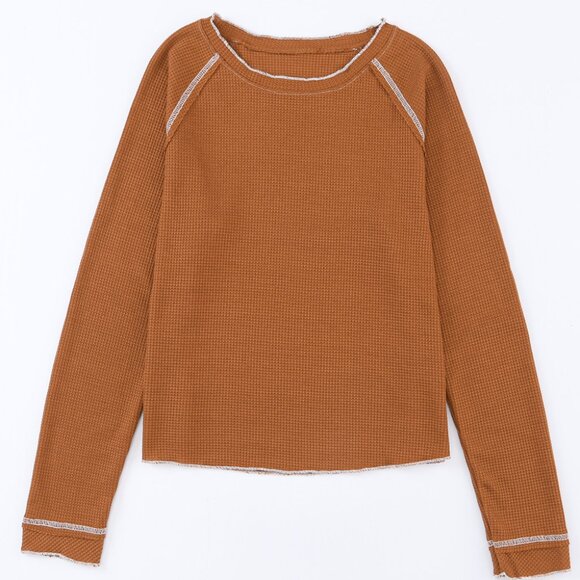 Brown Textured Round Neck Long Sleeve Top - Picture 1 of 6